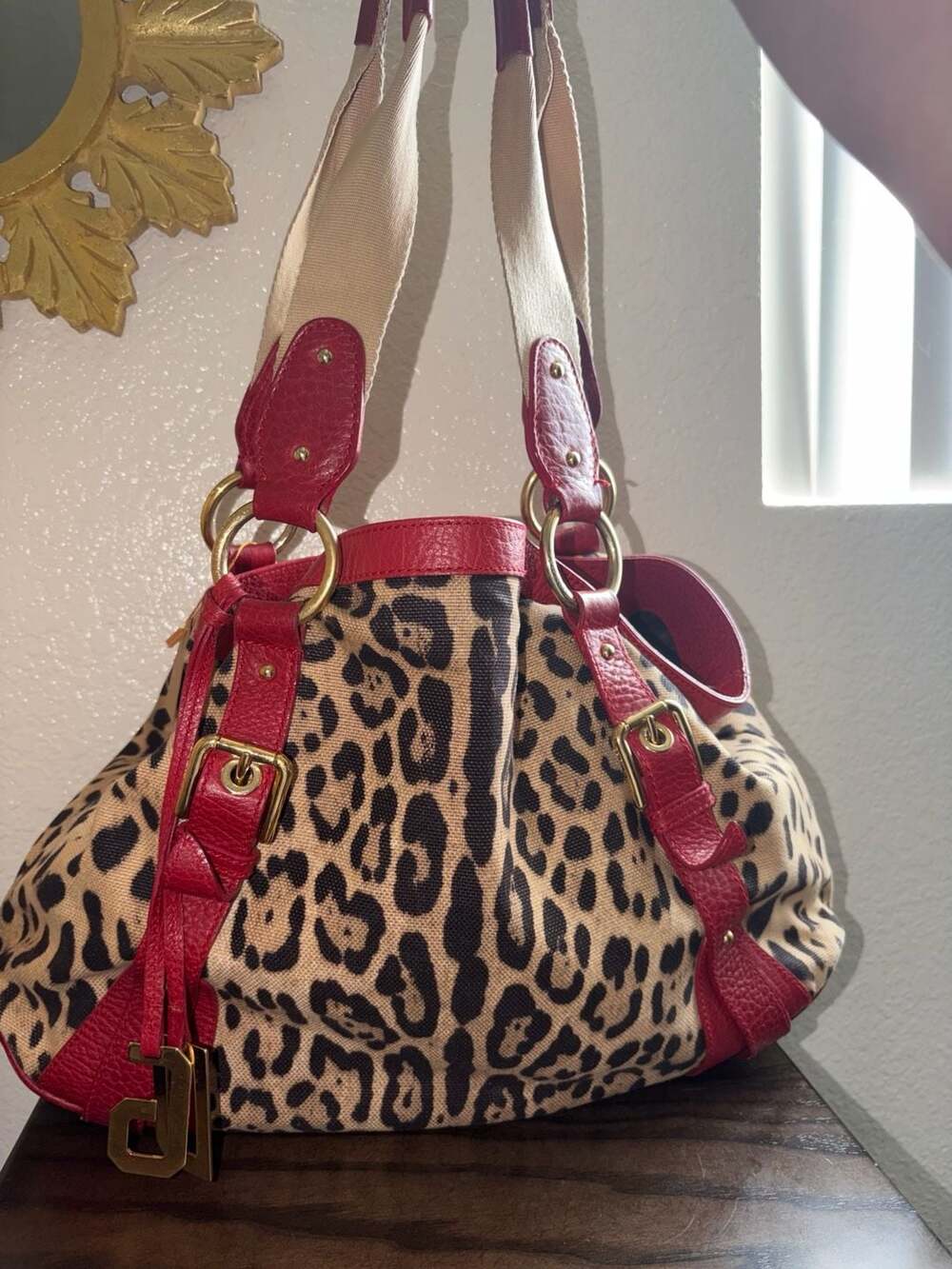 Dolce & Gabbana Leopard Print Canvas Shoulder Bag with Red Leather Trim